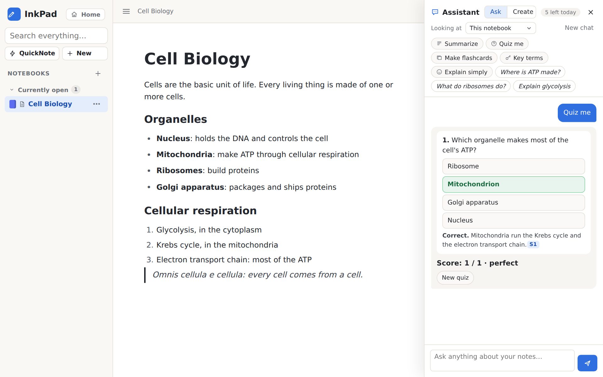 The InkPad assistant next to a Cell Biology document, showing a multiple-choice quiz with the correct answer highlighted.