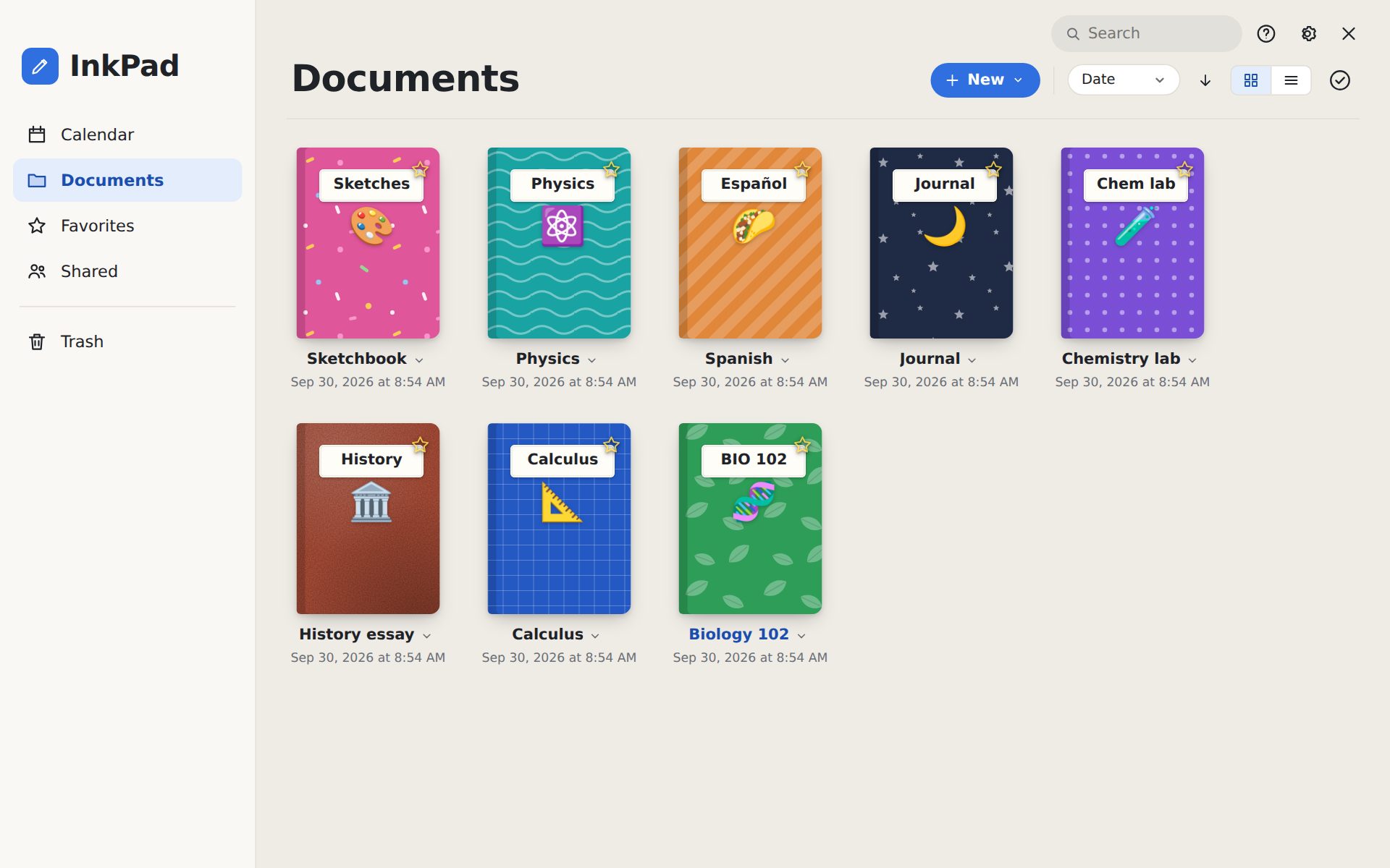 The InkPad library with colorful notebook covers for Biology, Calculus, History, Chemistry, Physics, Spanish, a journal and a sketchbook.