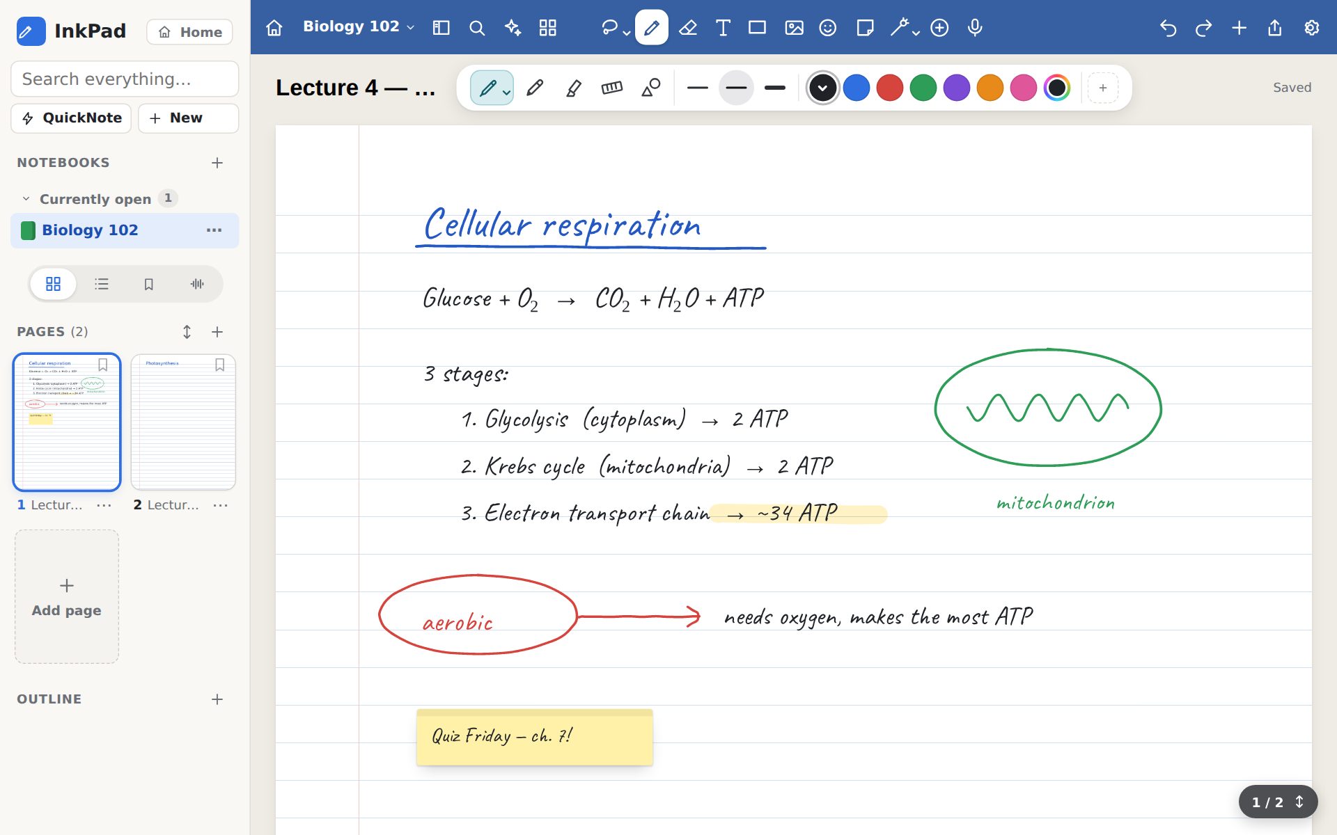 InkPad showing a handwritten biology lecture page on lined paper, with a highlighter, circled words, arrows and a sticky note.