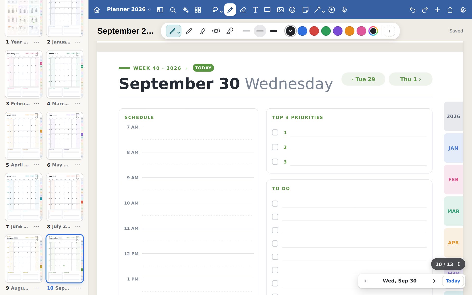 A daily planner page in InkPad with a schedule, top three priorities and a to-do list, and month tabs down the side.