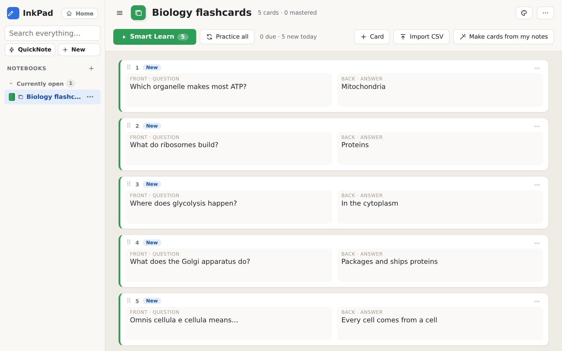 A flashcard study set in InkPad with questions and answers, and a Smart Learn button.